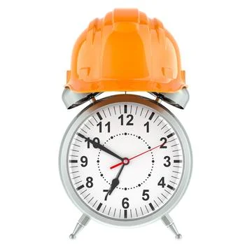 Alarm Clock with Construction Orange Hard Hat, 3D rendering Stock Illustration
