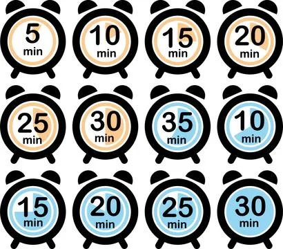 Alarm Clock Countdown Timer Icons Set with 5 to 35 Minute Time Labels Illustrazione stock