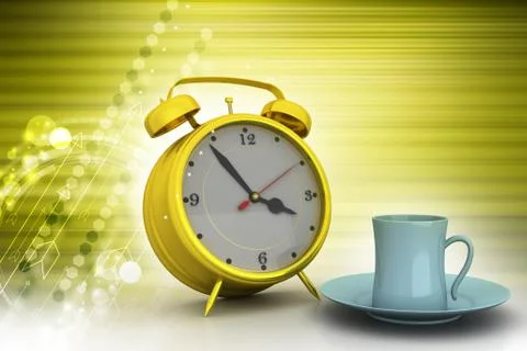Alarm clock with cup of tea Stock Illustration