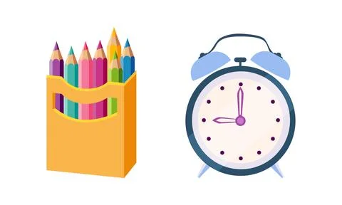 Alarm Clock with Dial and Colored Pencil in Box as Colorful Kids Toy Vector Set Stock Illustration