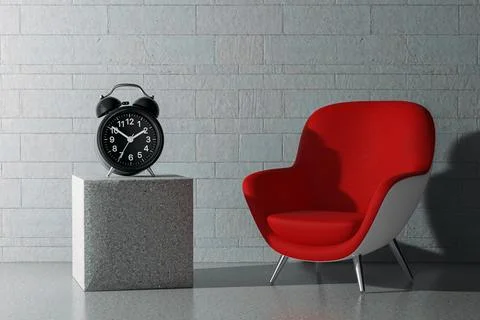 Alarm Clock with Empty Red Modern Oval Shape Relax Chair. 3d Rendering Stock-Illustration