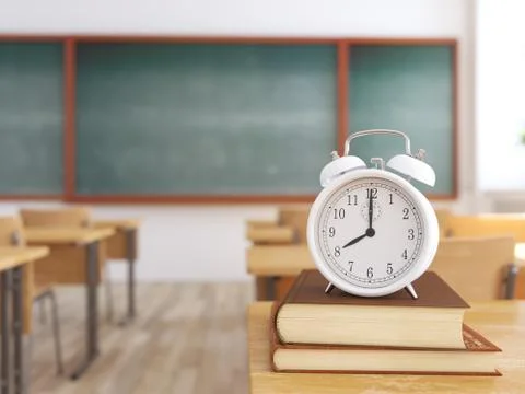 Alarm clock in empty school classroom. 3d rendering イラスト素材