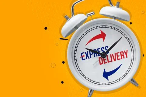 Alarm clock with express delivery text and directional arrows on bright backg Stock Photos