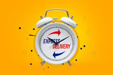 Alarm clock with express delivery text and directional arrows on bright backg Stock Photos