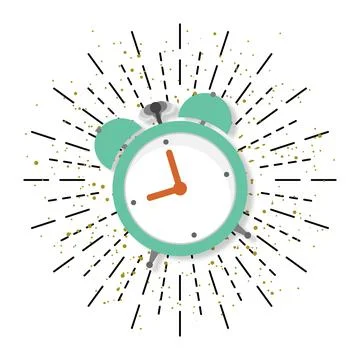 Alarm clock in flat style with burst, vector Stock Illustration