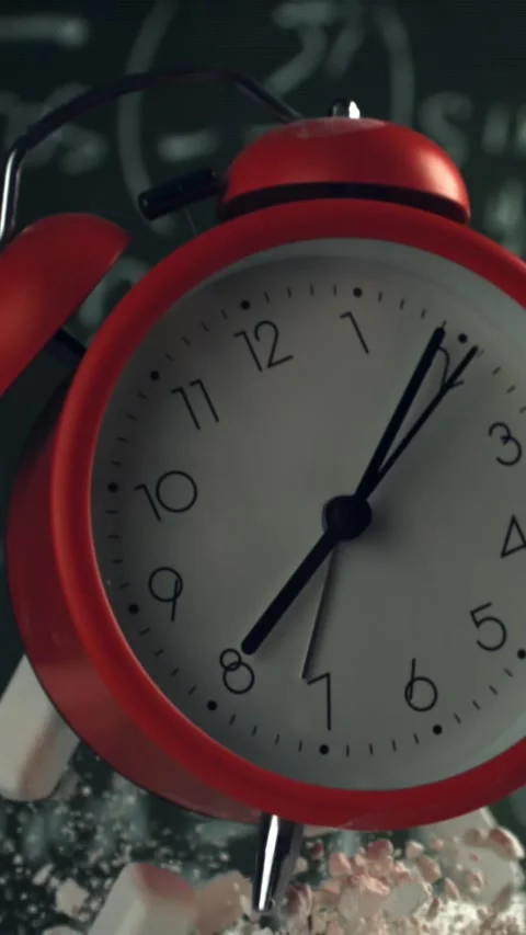 Alarm clock flies with school chalk against the background of the blackboard Stock Footage 335376717