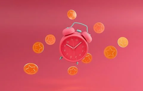 Alarm clock with floating coins time is money 3D render 스톡 일러스트