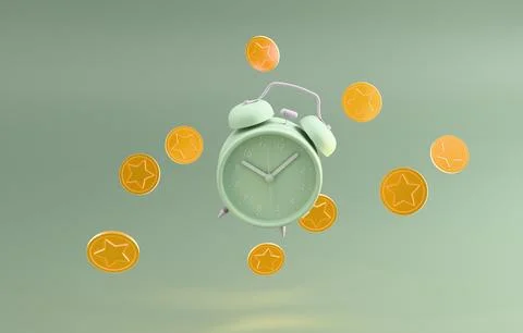 Alarm clock with floating coins time is money 3D render Stock Illustration