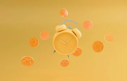Alarm clock with floating coins time is money 3D render Stock Illustration