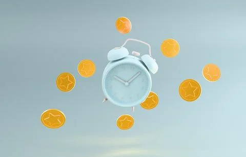 Alarm clock with floating coins time is money 3D render Illustrazione stock