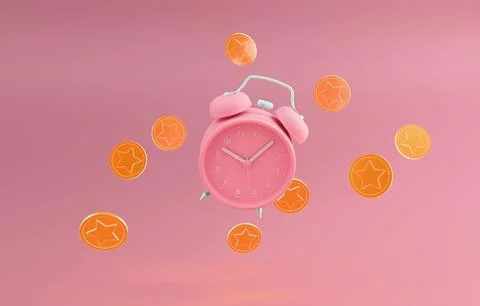 Alarm clock with floating coins time is money 3D render 스톡 일러스트