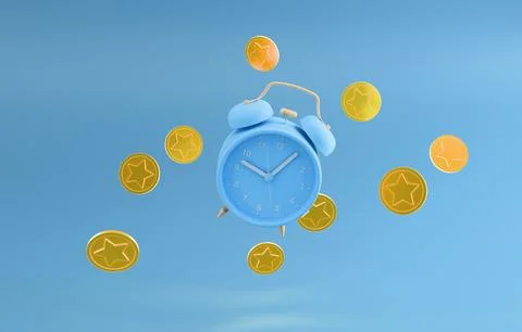 Alarm clock with floating coins time is money 3D render 스톡 일러스트