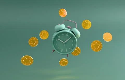 Alarm clock with floating coins time is money 3D render Stock Illustration