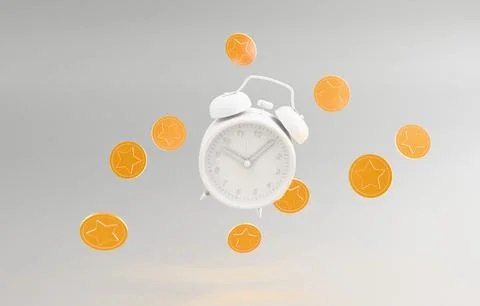 Alarm clock with floating coins time is money 3D render 스톡 일러스트