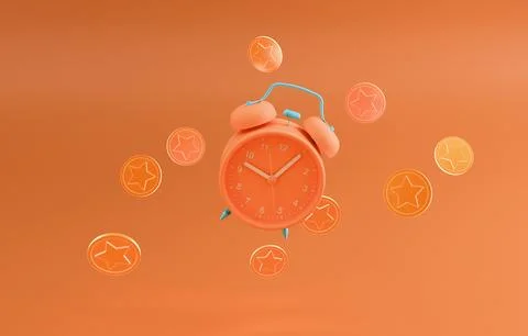 Alarm clock with floating coins time is money 3D render Illustrazione stock