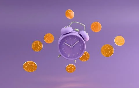 Alarm clock with floating coins time is money 3D render Stock Illustration