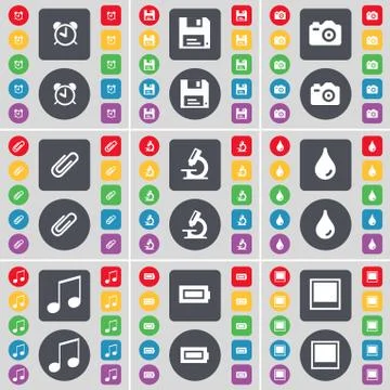 Alarm clock, Floppy, Camera, Clip, Microscope, Drop, Note, Battery, Window icon Stockillustratie