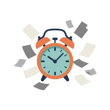 Alarm clock with flying paper sheets flat vector illustration Stock Illustration