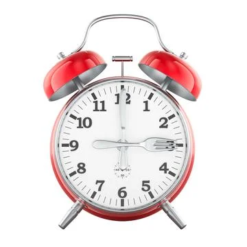 Alarm clock with fork and knife as clock hands. Meal time or intermittent f.. Stock Illustration