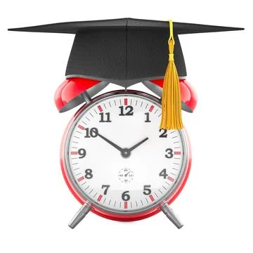 Alarm clock with graduation cap. Education time management, concept. 3d ren.. Stockillustratie