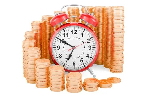 Alarm clock with growing chart from gold coins around, 3D rendering Stockillustratie