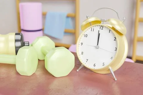 Alarm clock on a gym bench with exercise equipment Illustrazione stock