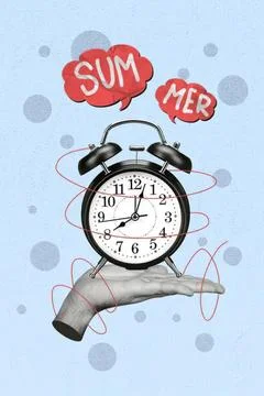 Alarm clock held in hand with summer and sun clouds Photos