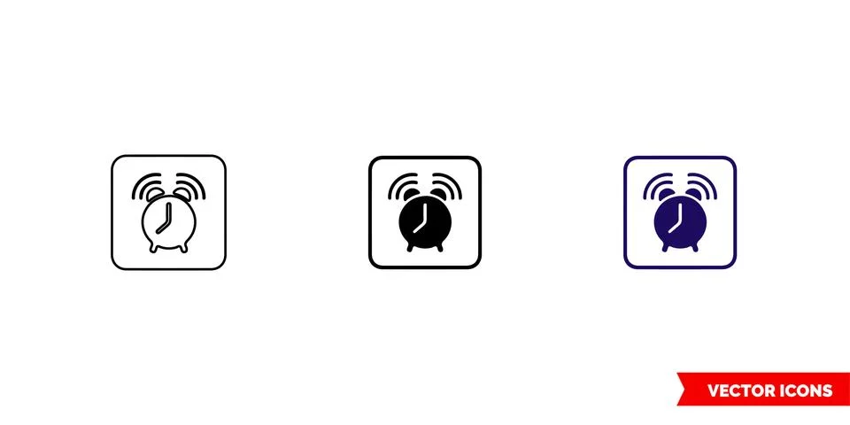 Alarm clock icon of 3 types color, black and white, outline. Isolated vector  Stock Illustration