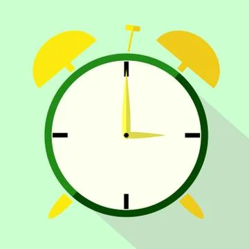 Alarm clock icon with long shadow. Flat design style. Clock silhouette. Sim.. Illustrazione stock