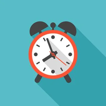 Alarm clock icon with long shadow. Flat design style. Stock Illustration