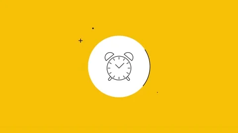 Alarm clock icon in white circle with black dynamic line on a yellow background Stock Footage 173402670