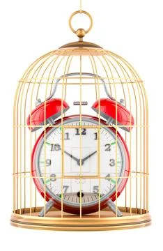 Alarm clock inside bird cage, 3D rendering Illustrazione stock