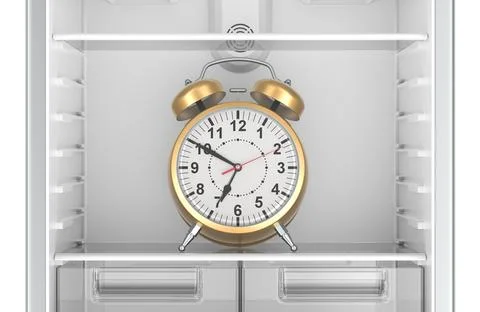 Alarm clock inside empty refrigerator, intermittent fasting concept.  3D re.. Stock Illustration