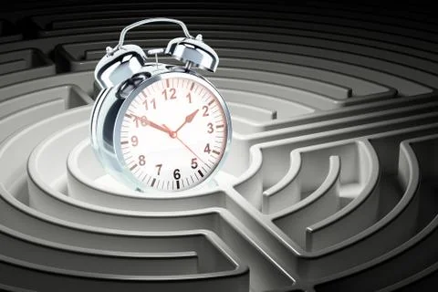 Alarm clock inside labyrinth maze, 3D rendering Stock-Illustration