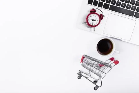 Alarm clock laptop with copy space Stock Photos