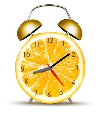 Alarm clock made of an orange. concept of diet. vector. Stock Illustration