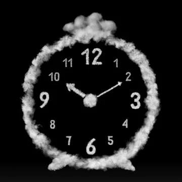 The alarm clock made from white clouds on a black background. Stock Illustration