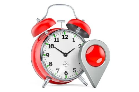 Alarm clock with map pointer, 3D rendering Illustrazione stock