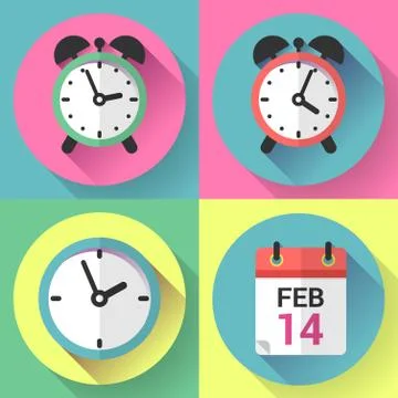 Alarm clock, office clock and calendar with a date of Valentines Day. Illustrazione stock