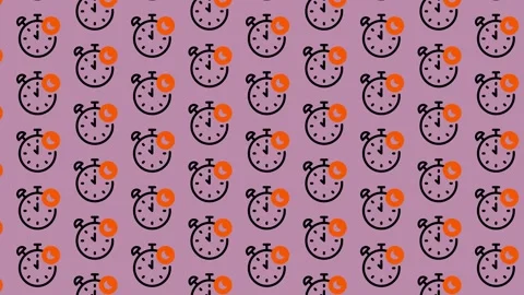 Alarm Clock Pattern with Orange Accents on Purple Background. Stock Footage 325388569