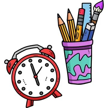 Alarm Clock, Pencil Case Cartoon Colored Clipart Stock Illustration