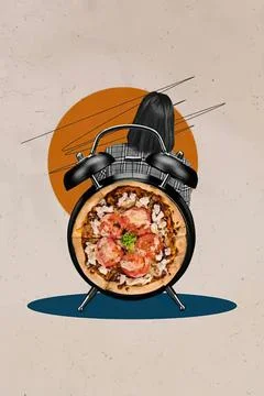 Alarm clock with pizza inside on a beige background Stock Photos