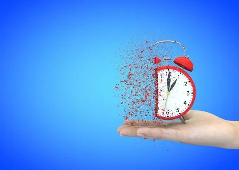 Alarm clock red on a blue background explodes in the girl's hands 库存插图
