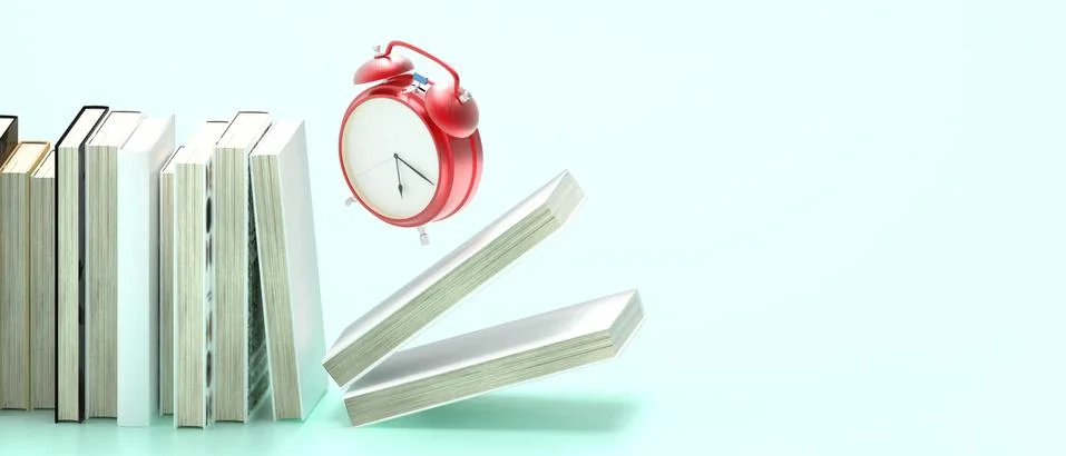 Alarm clock Red Retro between the books and Education Time to school in green Stock Illustration