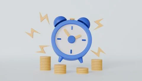 Alarm clock ringing and coins stack, Bundle of cash, Money saving Ilustración de archivo