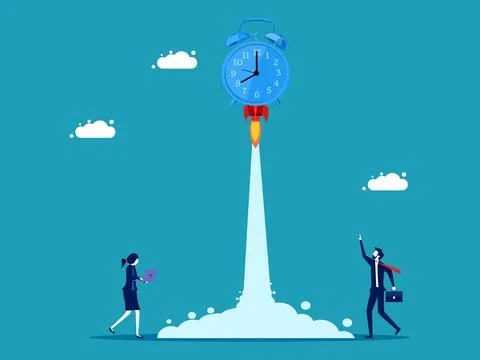 Alarm clock rocket soaring into the sky. The concept of time passed quickly.  Stock Illustration