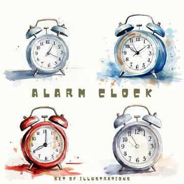 Alarm clock set. Hand drawn watercolor illustration isolated on white background 스톡 일러스트