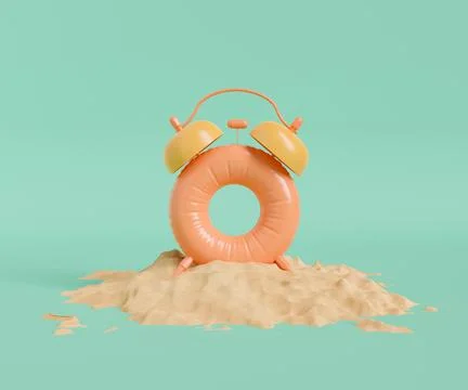 Alarm clock shaped float on beach sand Illustrazione stock