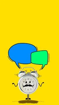 Alarm clock with speech bubbles over yellow background. Tien work work. Creative Stock Photos