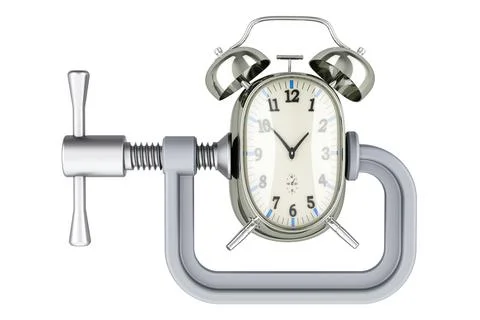 Alarm clock squeezed in a clamp concept, 3D rendering Stock Illustration